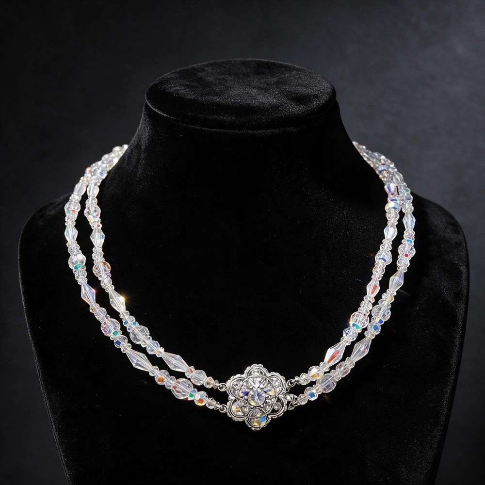 Vintage Sherman Signed Clear Aurora Borealis Crystal Double Strand Necklace 23in